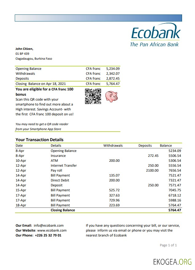 Modèle de relevé bancaire Ecobank du Burkina Faso facile à remplir au format Excel et PDF